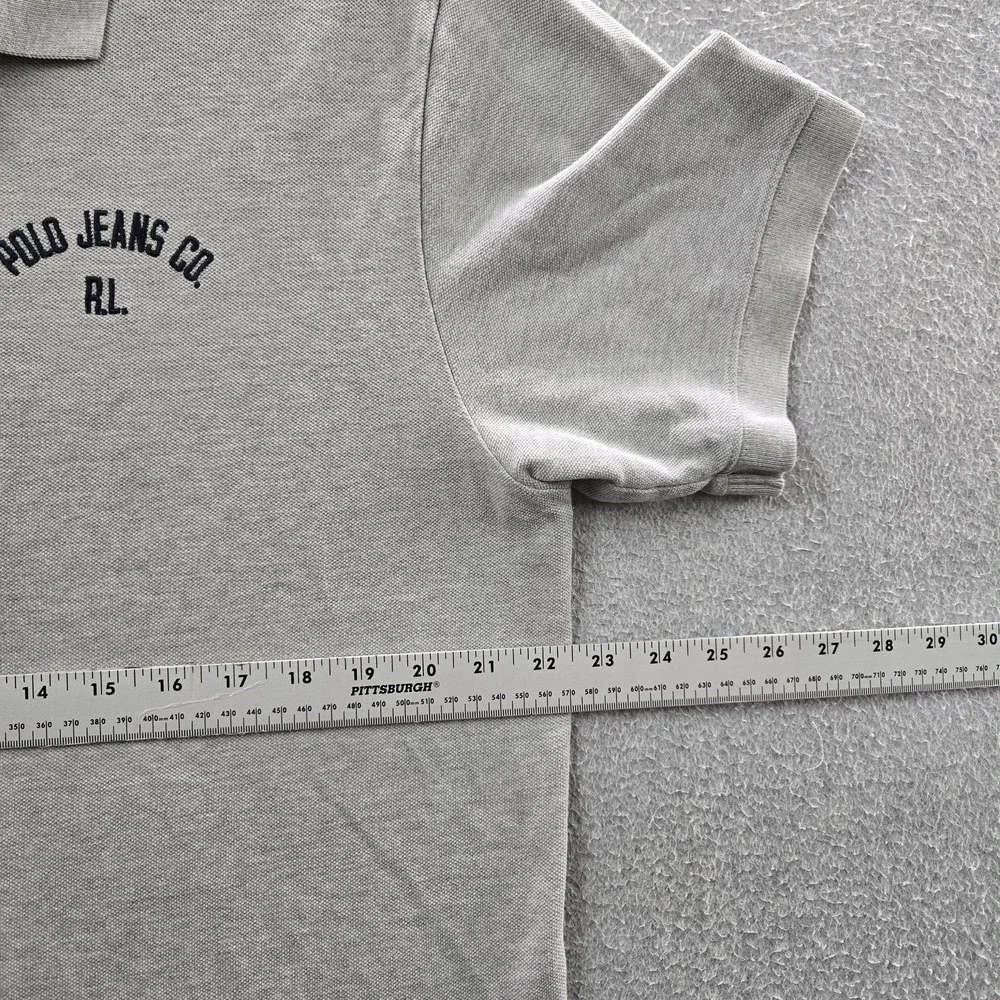 VINTAGE Polo Jeans Men Polo LARGE Gray Embroidered Text Button Logo Short Sleeve